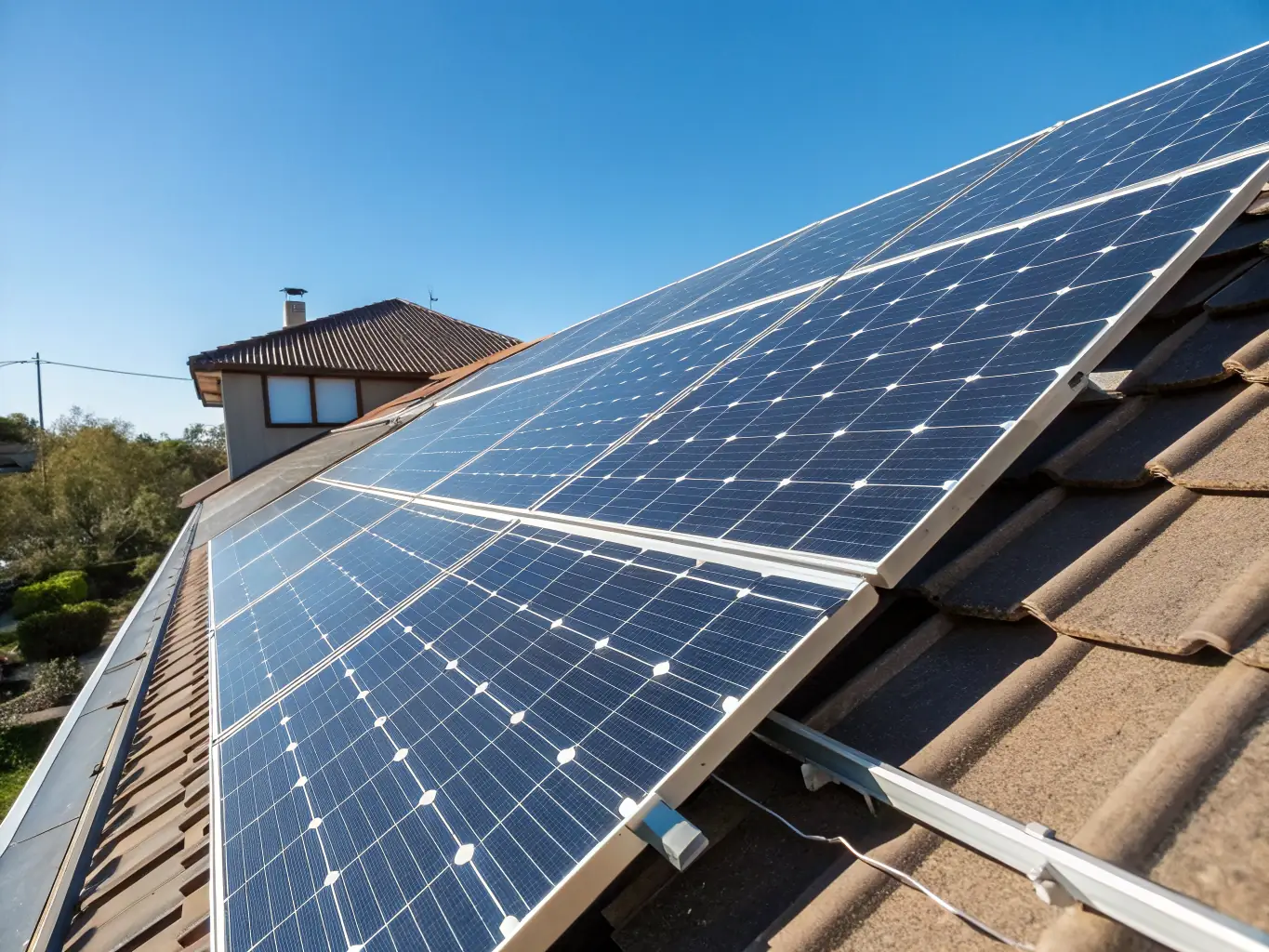 A close-up shot of high-efficiency solar panels installed on a rooftop, angled towards the sun, with a clear blue sky in the background. The image highlights the panels' sleek design and reflective surface, emphasizing their role in converting sunlight into electricity.
