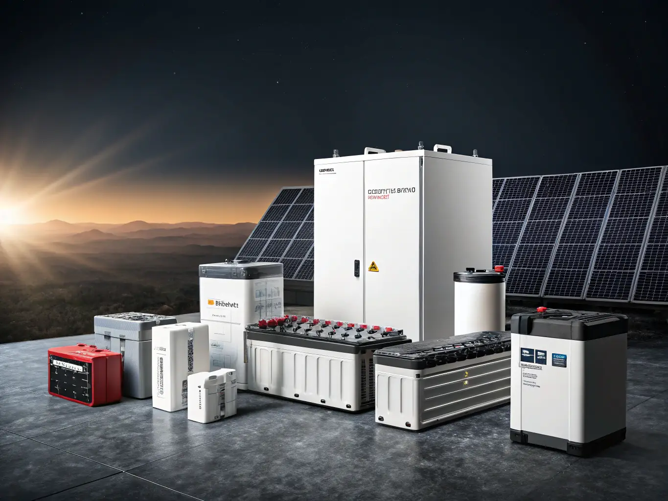 An image showcasing a variety of inverters and batteries in a well-organized setting, highlighting their compact designs and digital displays. The background features a clean, modern workshop environment, emphasizing the reliability and efficiency of these components.